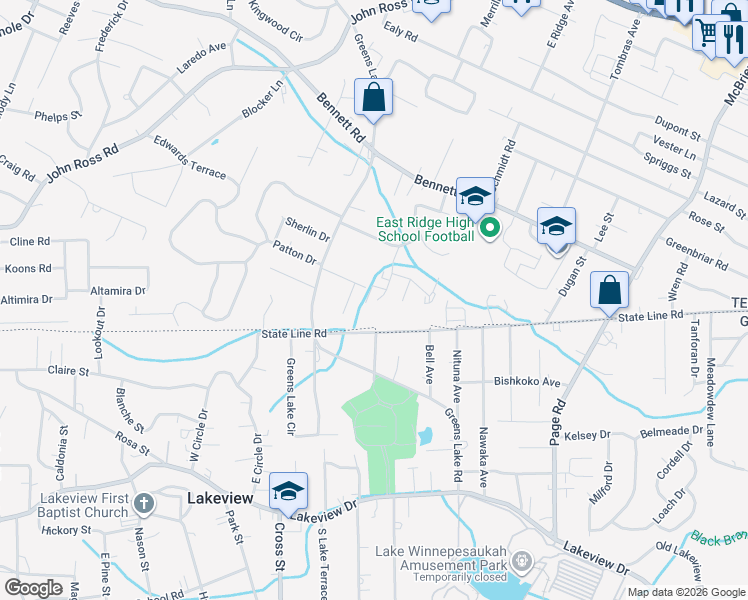 map of restaurants, bars, coffee shops, grocery stores, and more near 12 Mana Lane in East Ridge
