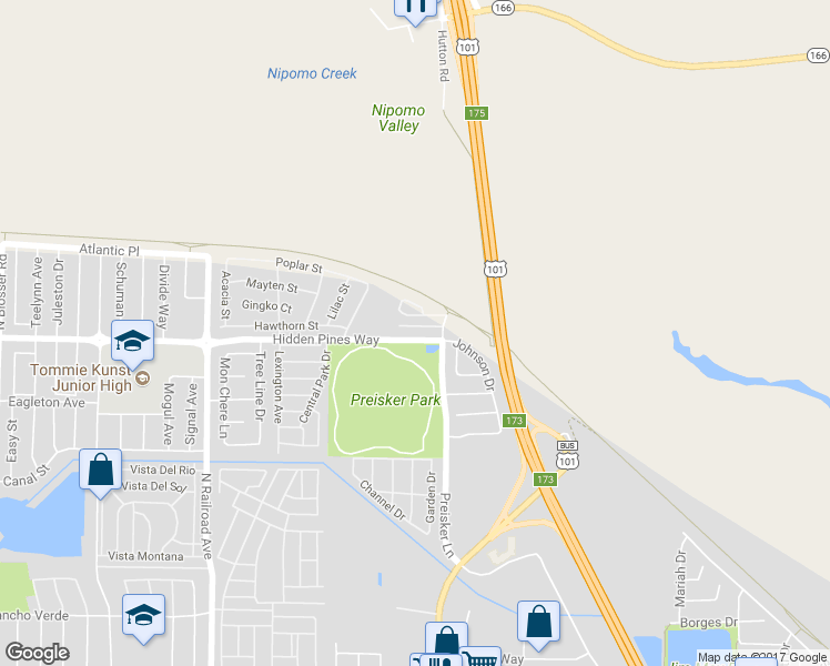 map of restaurants, bars, coffee shops, grocery stores, and more near 206 Riverside Court in Santa Maria