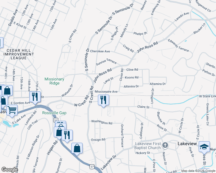 map of restaurants, bars, coffee shops, grocery stores, and more near 1915 Bowen in East Ridge