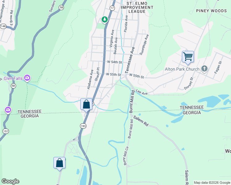map of restaurants, bars, coffee shops, grocery stores, and more near 1499 West 57th Street in Chattanooga