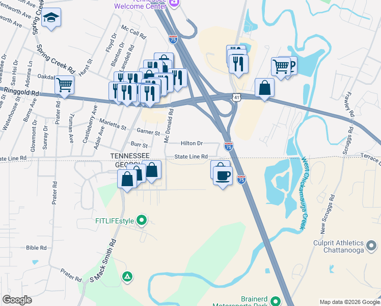 map of restaurants, bars, coffee shops, grocery stores, and more near 6623 State Line Road in Chattanooga