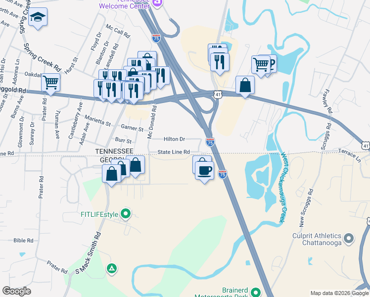 map of restaurants, bars, coffee shops, grocery stores, and more near 6623 State Line Road in Chattanooga