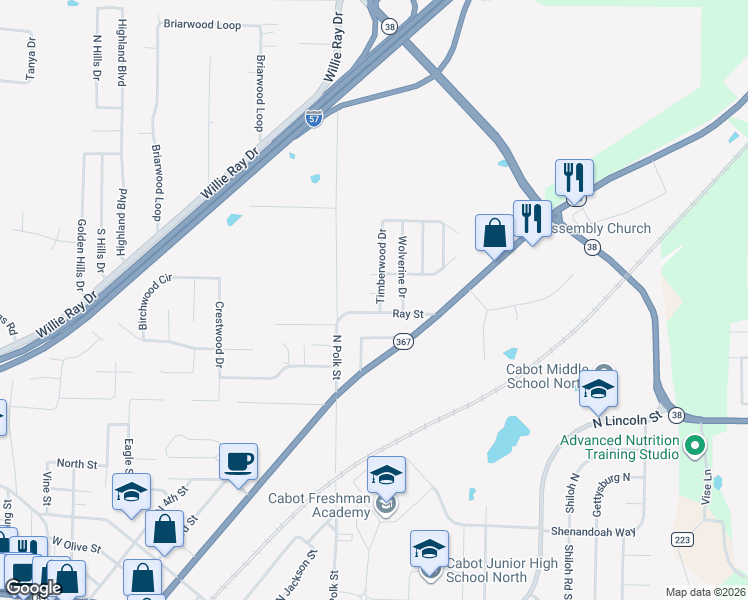 map of restaurants, bars, coffee shops, grocery stores, and more near 308 Ray Street in Cabot