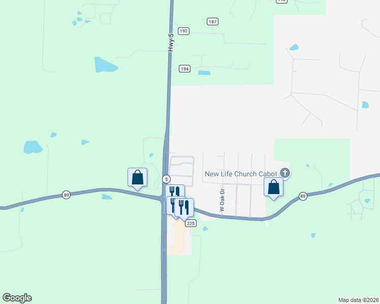 map of restaurants, bars, coffee shops, grocery stores, and more near 195 Oak View Drive in Cabot