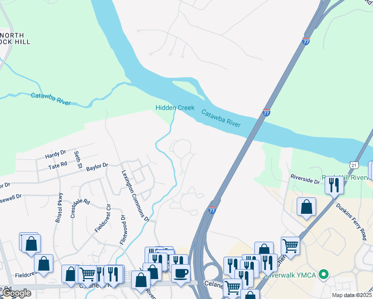 map of restaurants, bars, coffee shops, grocery stores, and more near Riverchase Boulevard in Rock Hill