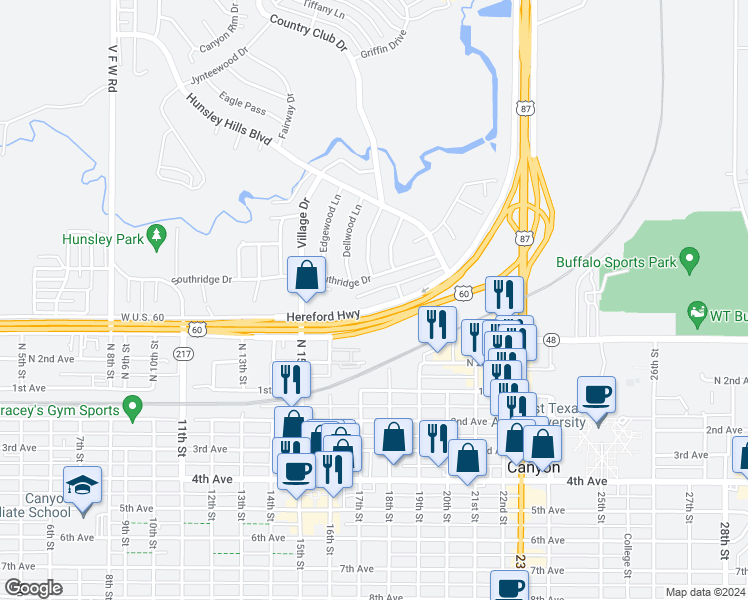 map of restaurants, bars, coffee shops, grocery stores, and more near 1601 U.S. 60 in Canyon