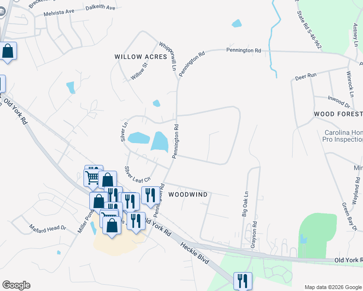 map of restaurants, bars, coffee shops, grocery stores, and more near 220 Pennington Road in Rock Hill