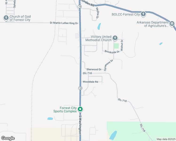 map of restaurants, bars, coffee shops, grocery stores, and more near 802 Sherwood Drive in Forrest City
