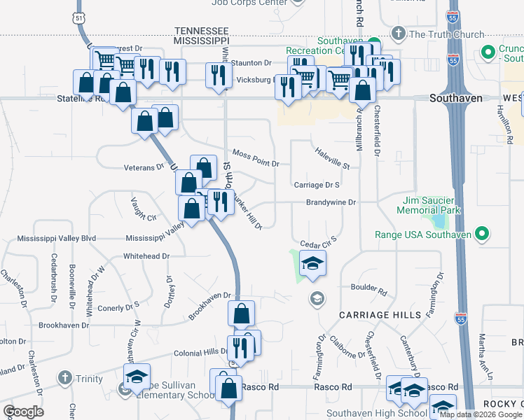 map of restaurants, bars, coffee shops, grocery stores, and more near 8681 Yorktown Drive in Southaven