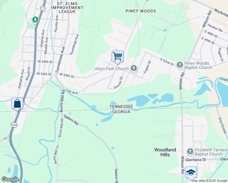 map of restaurants, bars, coffee shops, grocery stores, and more near 5410 Dorsey Street in Chattanooga