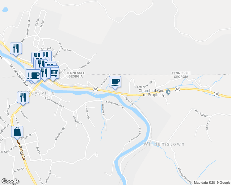 map of restaurants, bars, coffee shops, grocery stores, and more near 47 Toccoa Avenue in McCaysville