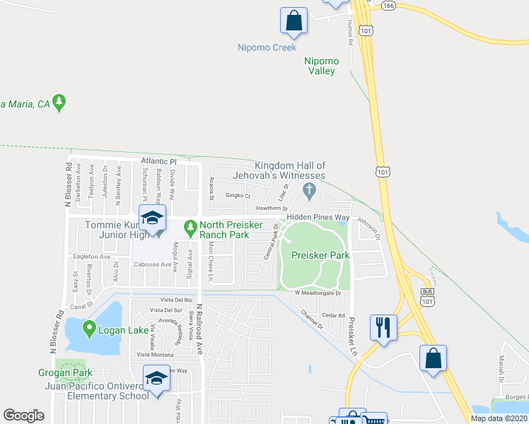 map of restaurants, bars, coffee shops, grocery stores, and more near 506 Hawthorn Street in Santa Maria