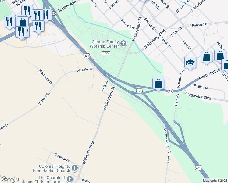 map of restaurants, bars, coffee shops, grocery stores, and more near 609 West Elizabeth Street in Clinton