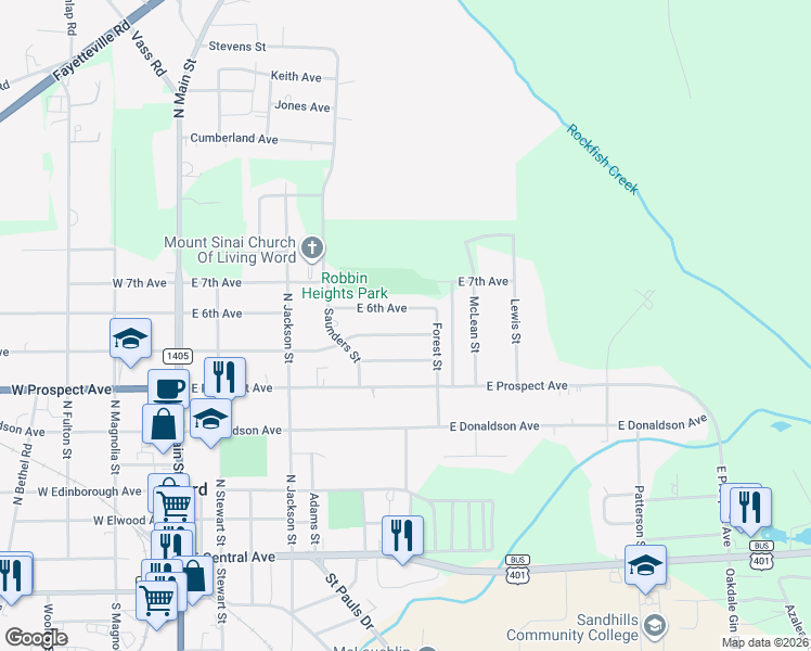 map of restaurants, bars, coffee shops, grocery stores, and more near 520 East 5th Avenue in Raeford