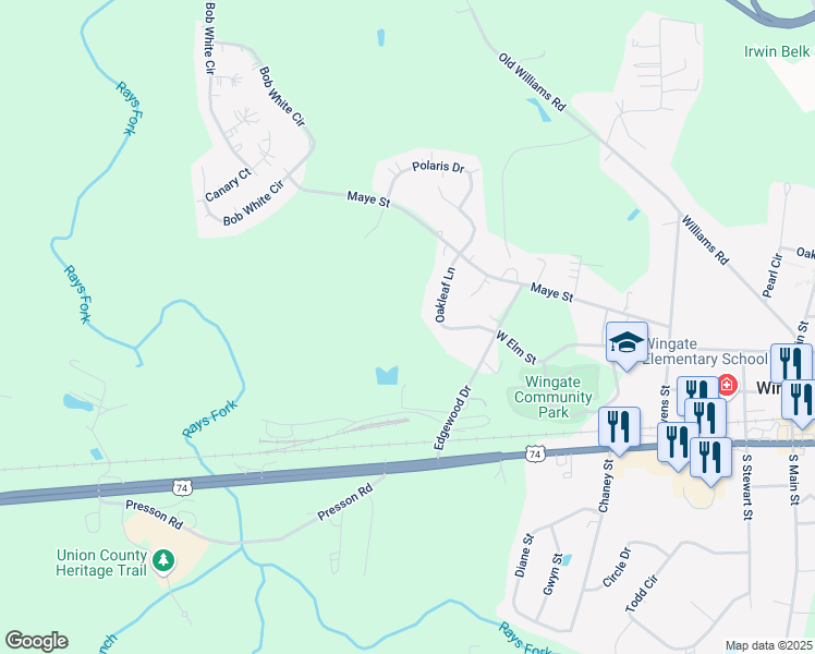 map of restaurants, bars, coffee shops, grocery stores, and more near 125 Oakleaf Lane in Wingate