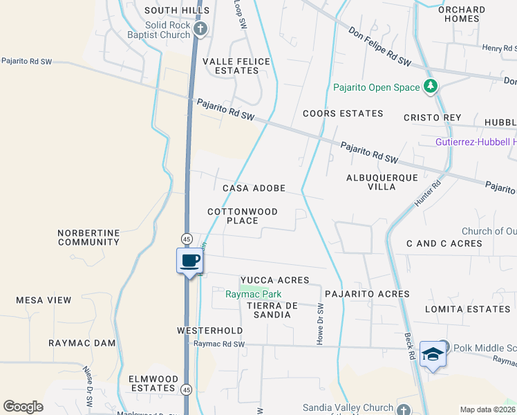 map of restaurants, bars, coffee shops, grocery stores, and more near 2701 Darlene Place Southwest in Albuquerque