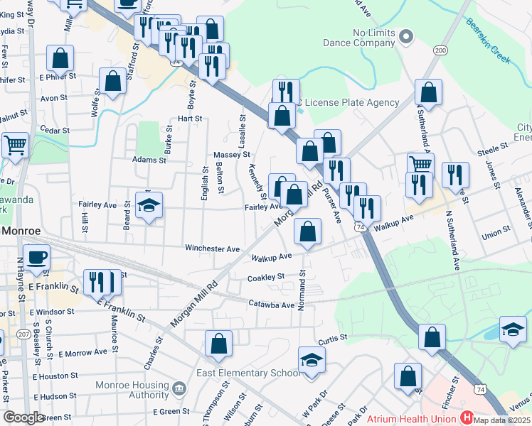 map of restaurants, bars, coffee shops, grocery stores, and more near 706 1st Street in Monroe