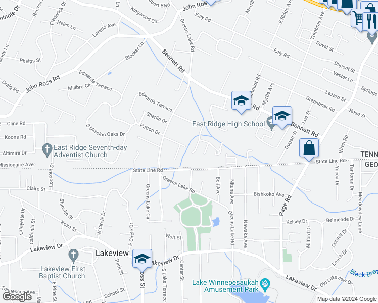 map of restaurants, bars, coffee shops, grocery stores, and more near 12 Mana Lane in East Ridge