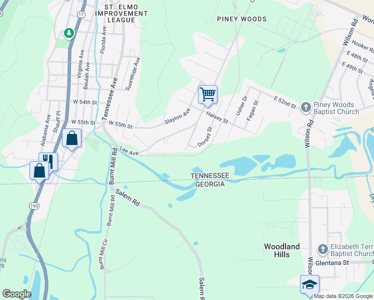 map of restaurants, bars, coffee shops, grocery stores, and more near 5509 Central Avenue in Chattanooga