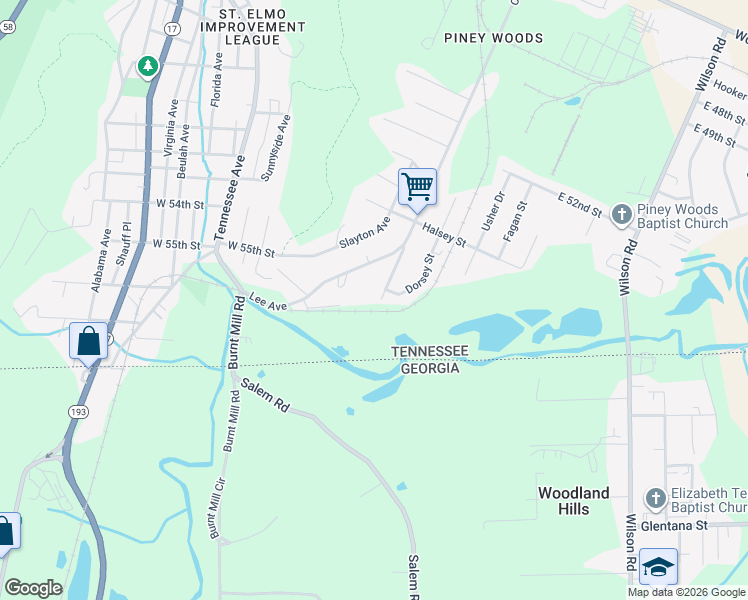 map of restaurants, bars, coffee shops, grocery stores, and more near 5509 Central Avenue in Chattanooga