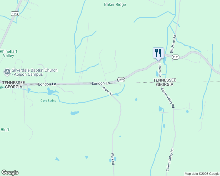 map of restaurants, bars, coffee shops, grocery stores, and more near 1366 Ware Road in Ringgold