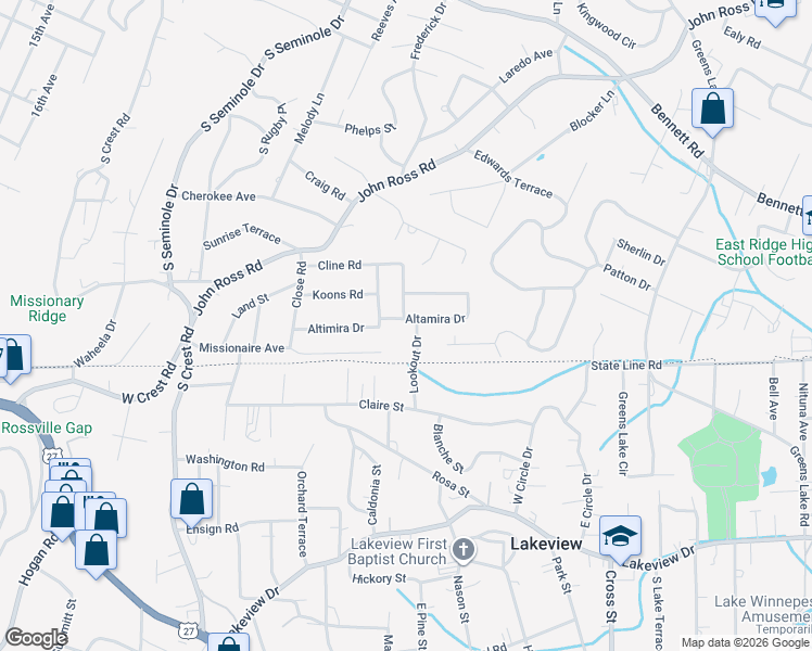 map of restaurants, bars, coffee shops, grocery stores, and more near 3714 Altamira Drive in Chattanooga