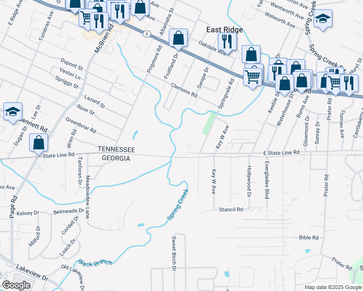 map of restaurants, bars, coffee shops, grocery stores, and more near 5601 East State Line Road in Chattanooga