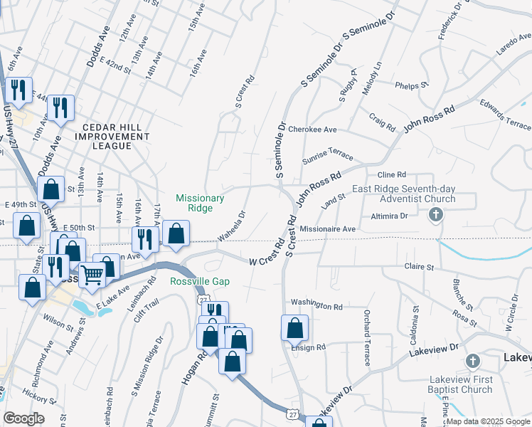 map of restaurants, bars, coffee shops, grocery stores, and more near 3650 Tanaka Trail in Chattanooga