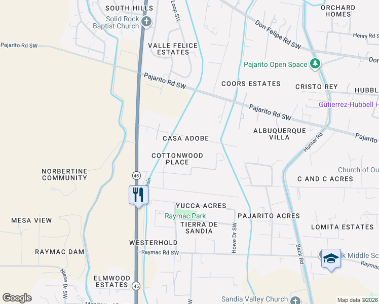 map of restaurants, bars, coffee shops, grocery stores, and more near 2701 Darlene Place Southwest in Albuquerque