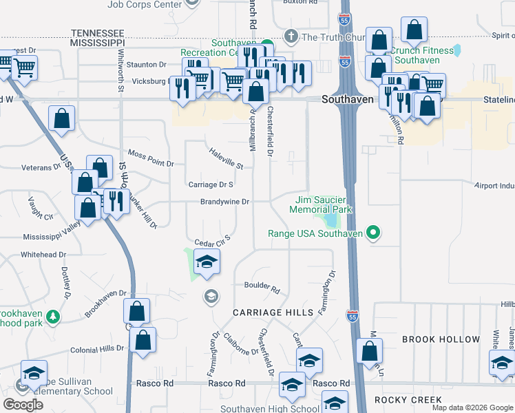 map of restaurants, bars, coffee shops, grocery stores, and more near 8595 Chesterfield Drive in Southaven