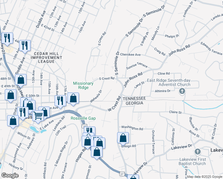 map of restaurants, bars, coffee shops, grocery stores, and more near 3646 Tanaka Trail in Chattanooga