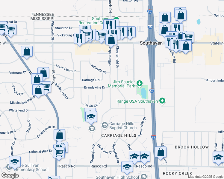 map of restaurants, bars, coffee shops, grocery stores, and more near 8604 Millbranch Road in Southaven