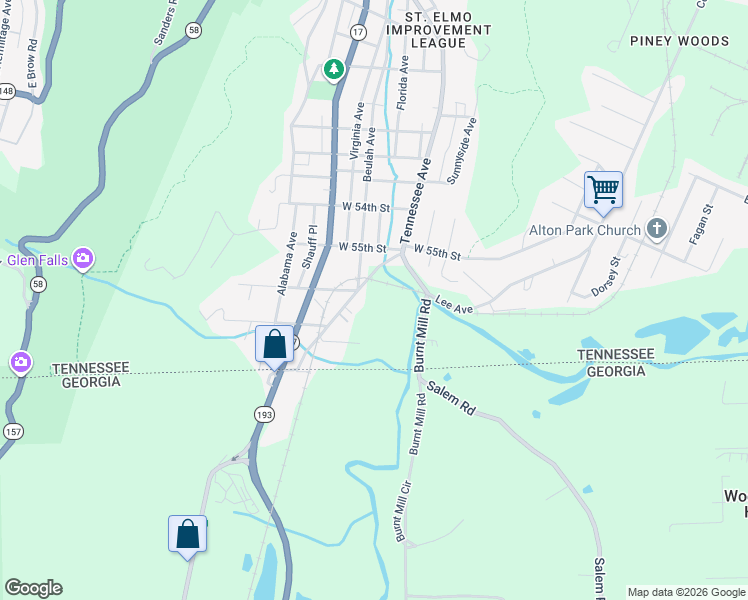 map of restaurants, bars, coffee shops, grocery stores, and more near 1499 West 57th Street in Chattanooga