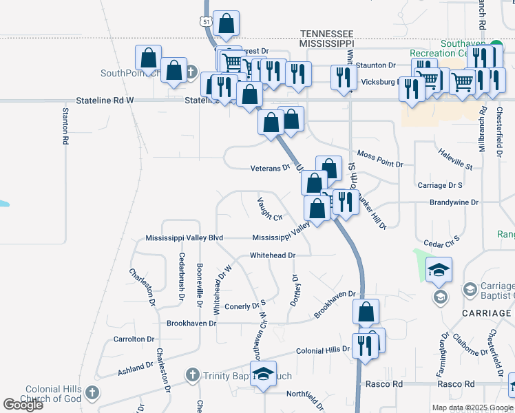 map of restaurants, bars, coffee shops, grocery stores, and more near 1827 Vaught Circle in Southaven
