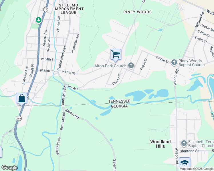 map of restaurants, bars, coffee shops, grocery stores, and more near 5509 Central Avenue in Chattanooga