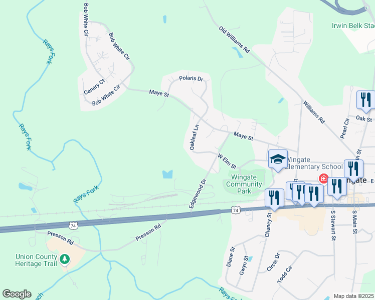 map of restaurants, bars, coffee shops, grocery stores, and more near 125 Oakleaf Lane in Wingate