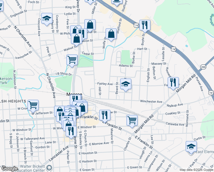 map of restaurants, bars, coffee shops, grocery stores, and more near 501 Brown Street in Monroe
