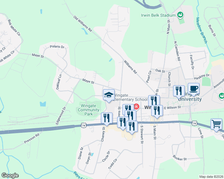 map of restaurants, bars, coffee shops, grocery stores, and more near 310 West Elm Street in Wingate