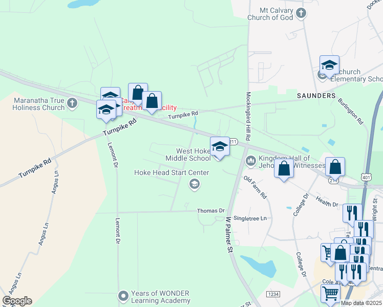 map of restaurants, bars, coffee shops, grocery stores, and more near 211 Gable Drive in Raeford