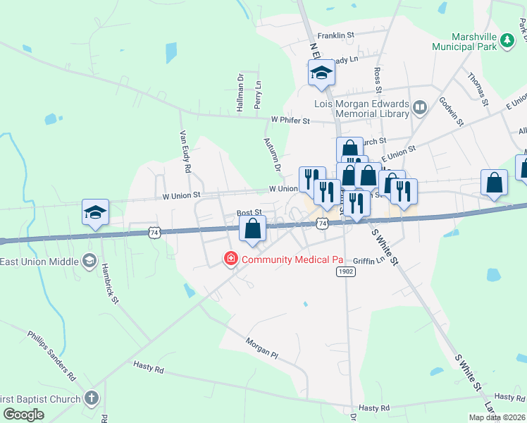 map of restaurants, bars, coffee shops, grocery stores, and more near 6325 West Marshville Boulevard in Marshville