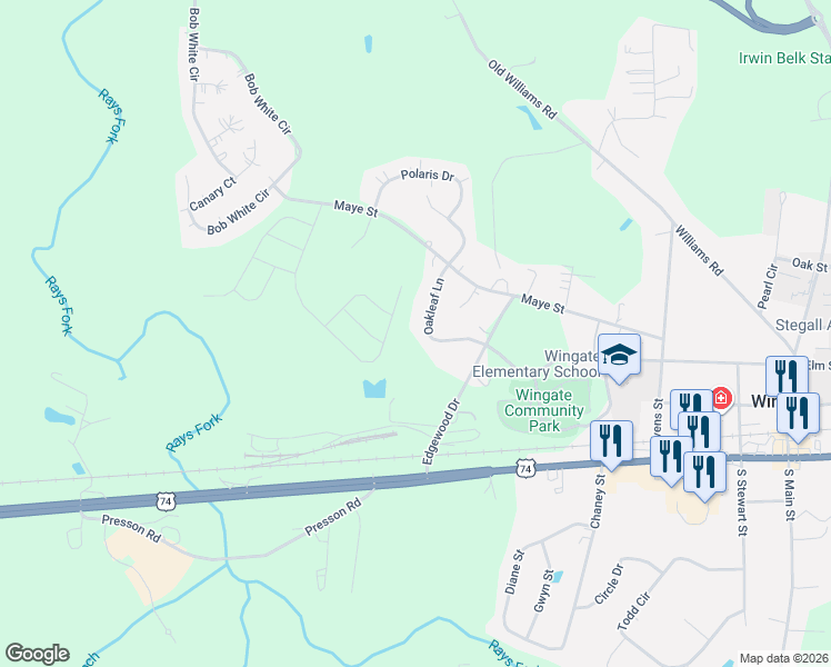 map of restaurants, bars, coffee shops, grocery stores, and more near 125 Oakleaf Lane in Wingate