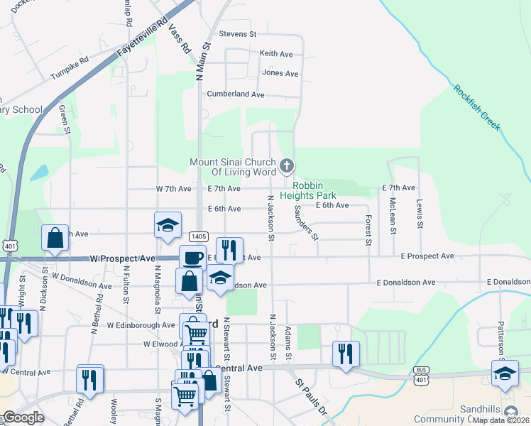 map of restaurants, bars, coffee shops, grocery stores, and more near 608 North Jackson Street in Raeford