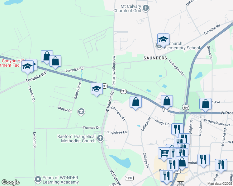 map of restaurants, bars, coffee shops, grocery stores, and more near 929 West Prospect Avenue in Raeford
