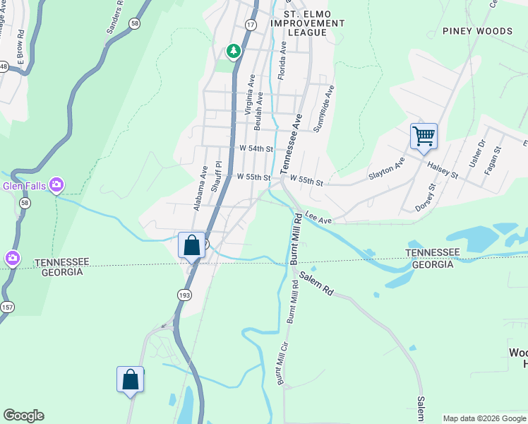 map of restaurants, bars, coffee shops, grocery stores, and more near 1499 West 57th Street in Chattanooga