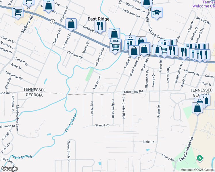 map of restaurants, bars, coffee shops, grocery stores, and more near 5729 East State Line Road in Chattanooga