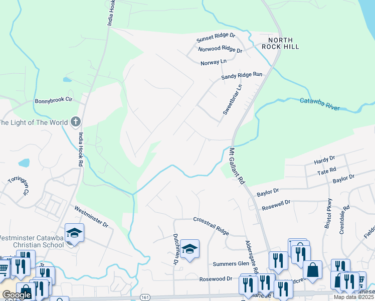 map of restaurants, bars, coffee shops, grocery stores, and more near 2246 Drawbridge Court in Rock Hill