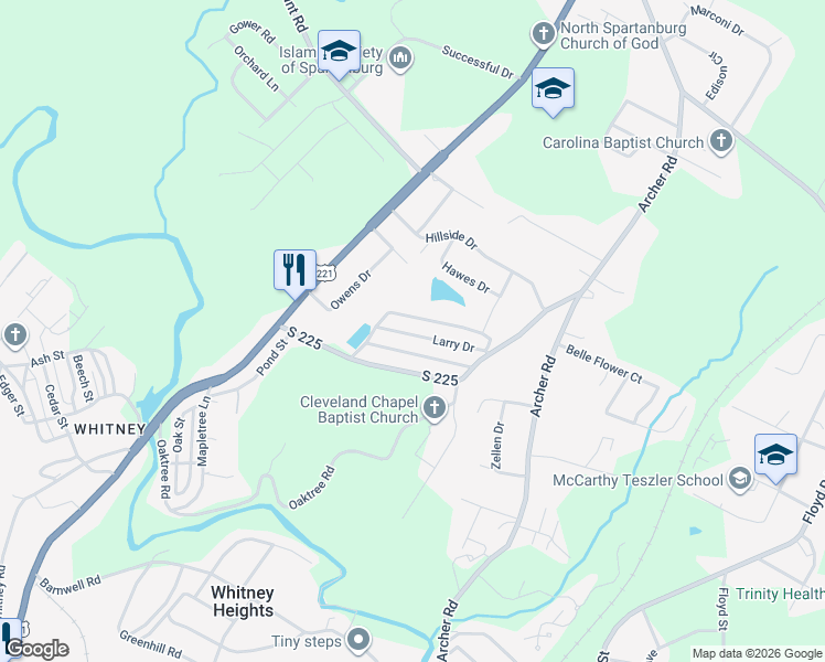 map of restaurants, bars, coffee shops, grocery stores, and more near 438 Larry Drive in Spartanburg