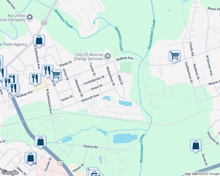 map of restaurants, bars, coffee shops, grocery stores, and more near 2203 Ashcraft Avenue in Monroe