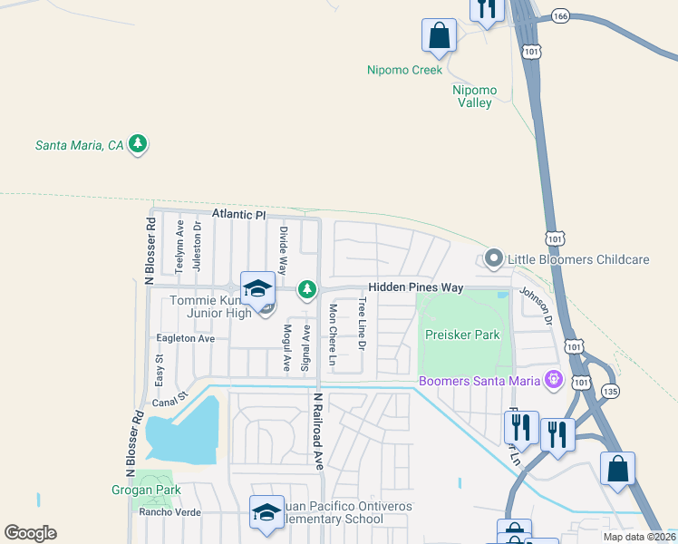 map of restaurants, bars, coffee shops, grocery stores, and more near 715 Hawthorn Street in Santa Maria