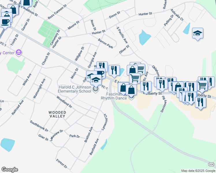 map of restaurants, bars, coffee shops, grocery stores, and more near 409 East Jefferson Street in York